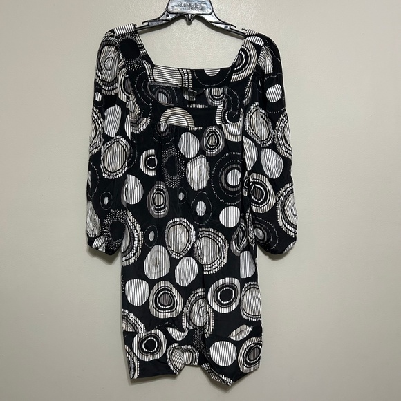 VTG Dress S 100% Silk Black Beige Geometric Square Neck 3/4 Sleeve Coctail Party - Picture 1 of 8